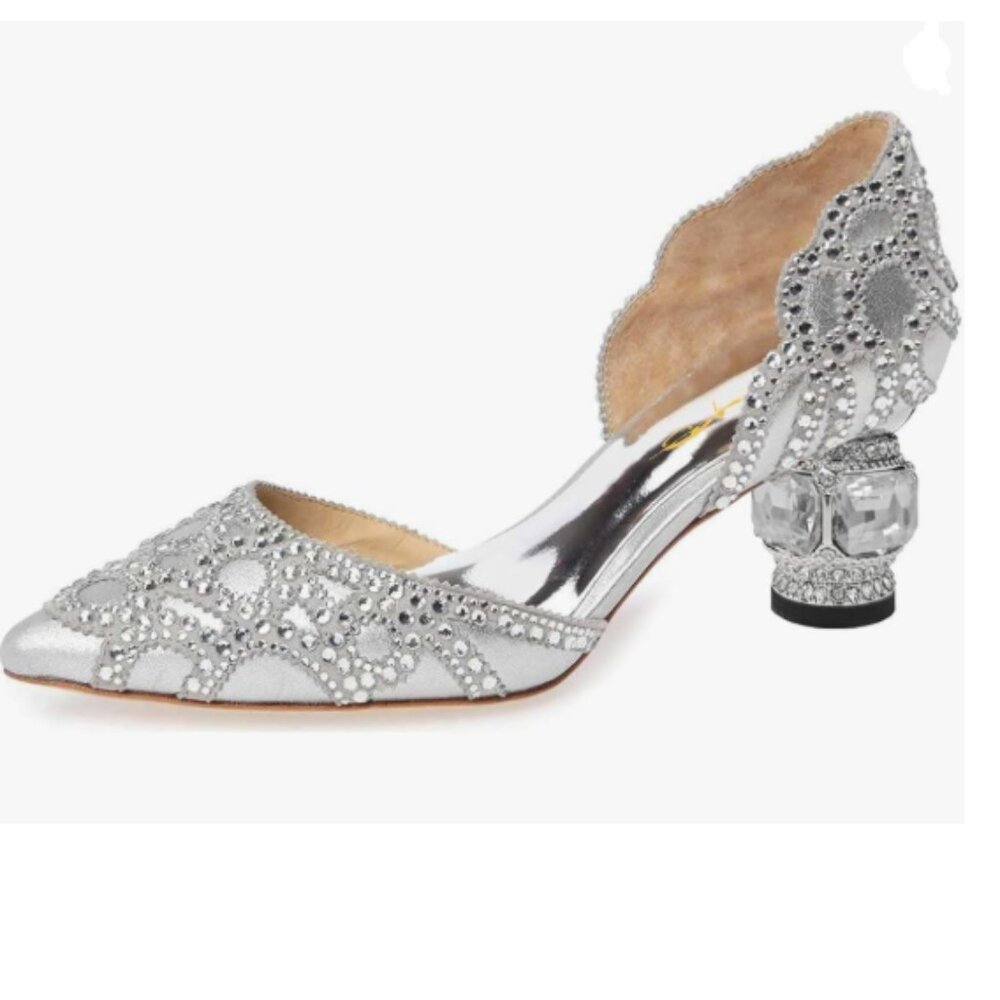 XYD Silver Pointed Toe D'Orsay Kitten Heel Rhinestone Studs Slip-On Satin Shoes